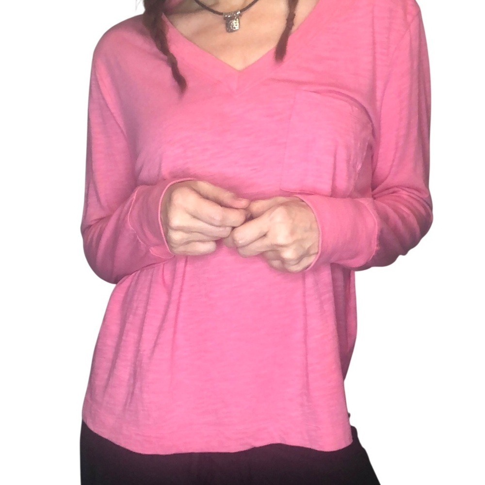 Loft Lou & Grey Long Sleeve Pink Tee Sz L Slub Cotton Lightweight V Neck Classic